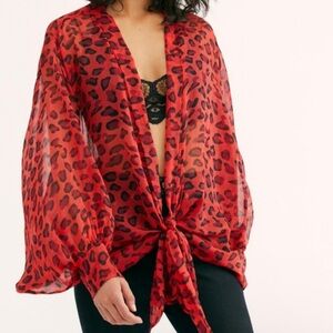 Free People Amazon Tie Front Red Sheer Leopard Kimono